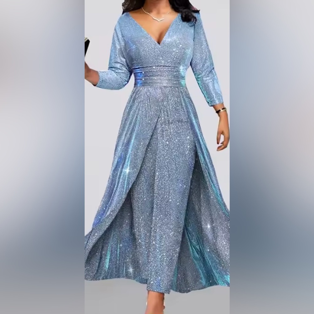 Blue Sparkly Jumpsuit with Skirt Overlay Formal Evening Wear